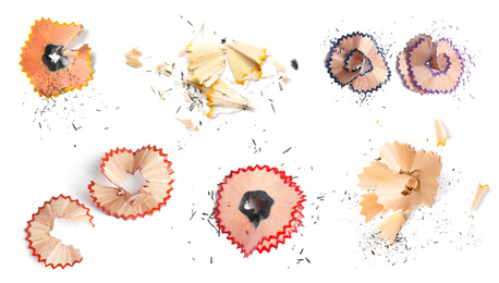 Image of Pencil shavings on white background, top view