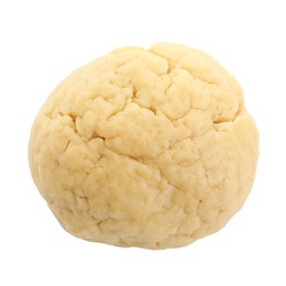 Photo of Making shortcrust pastry. Raw dough isolated on white, top view