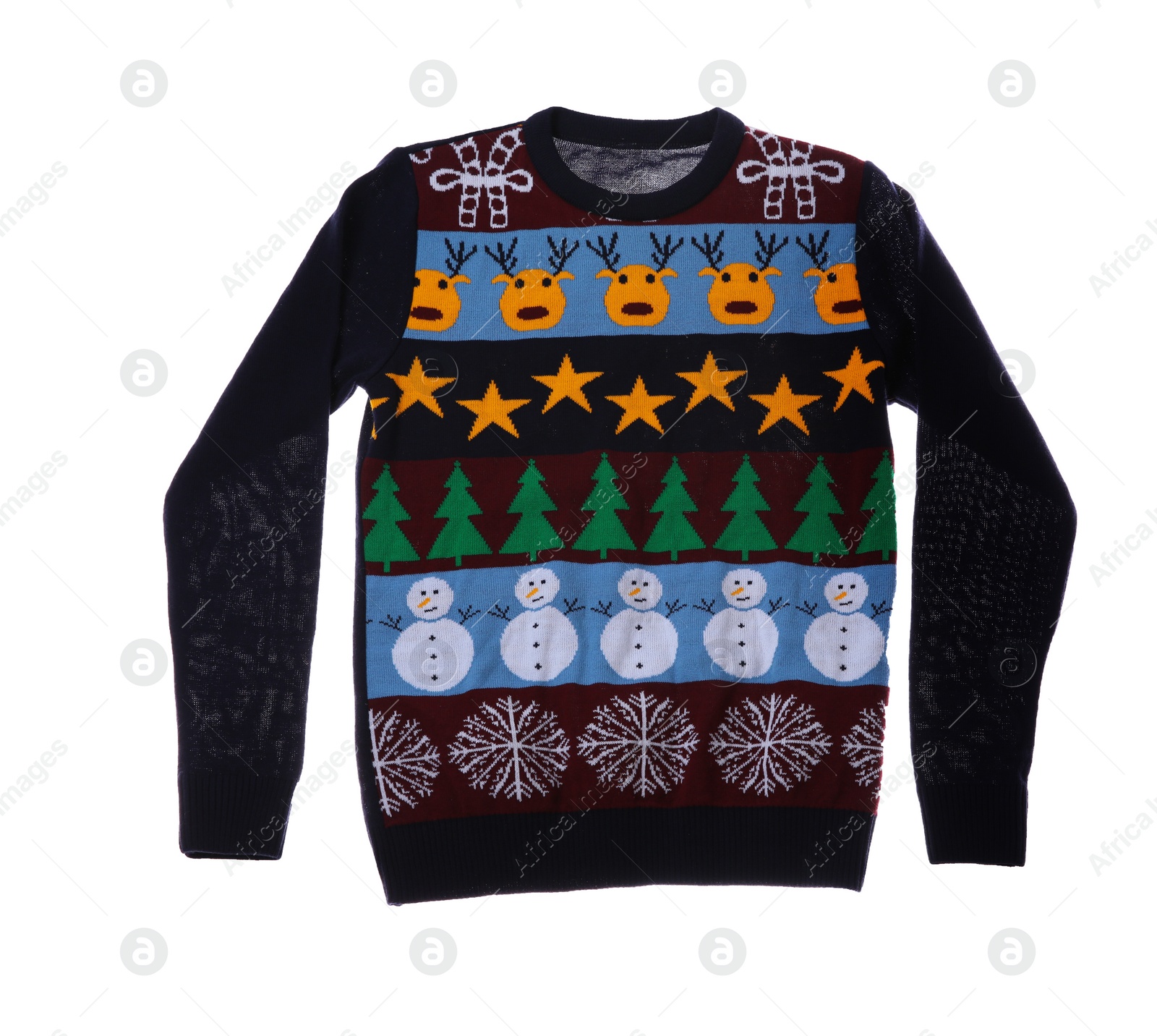 Photo of Warm Christmas sweater on white background. Seasonal clothing