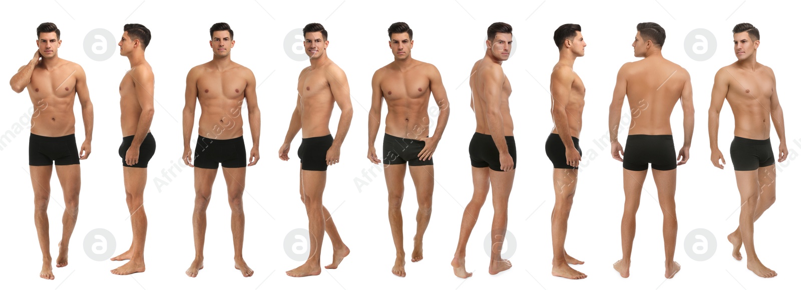 Image of Collage of man in black underwear on white background