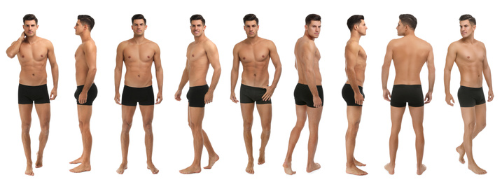 Image of Collage of man in black underwear on white background