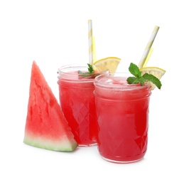 Photo of Delicious fresh watermelon drinks with fresh fruit on white background