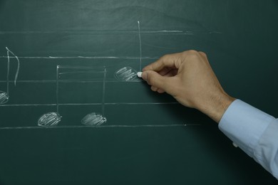 Teacher writing music notes with chalk on greenboard, closeup