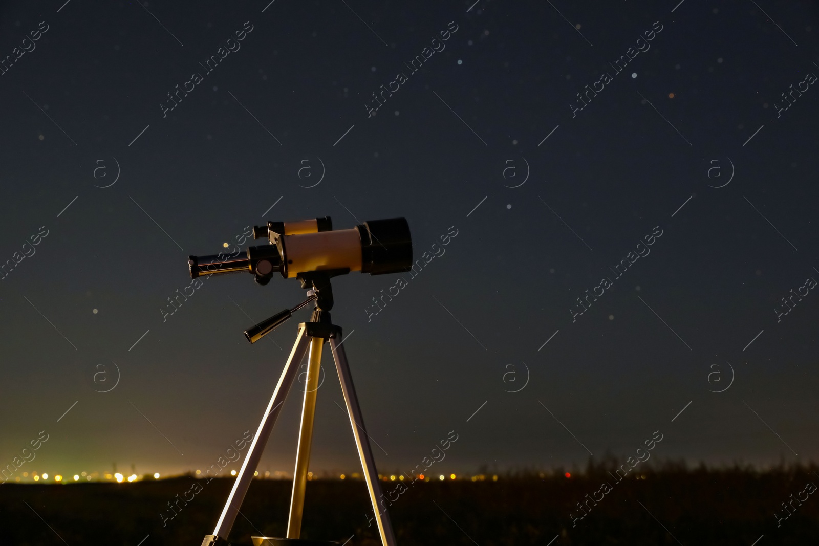 Photo of New astronomy telescope outdoors, space for text. Picturesque view of shiny stars at night