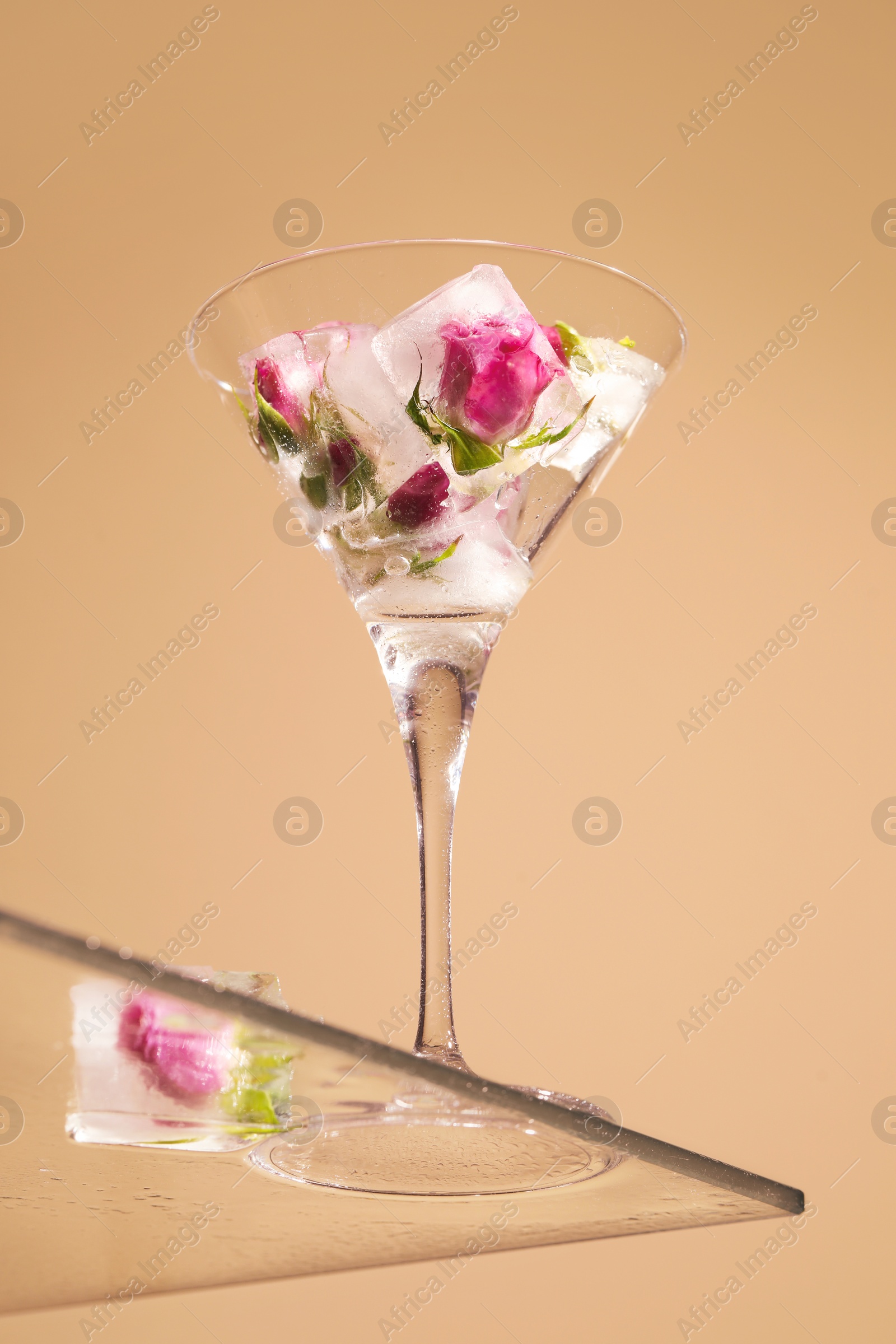 Photo of Ice cubes with frozen flowers in martini glass on table against beige background, low angle view