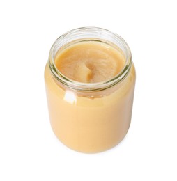 Photo of Baby food. Tasty healthy puree in jar isolated on white