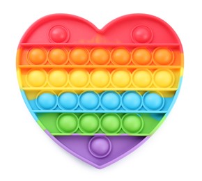 Photo of Heart shaped rainbow pop it fidget toy isolated on white, top view