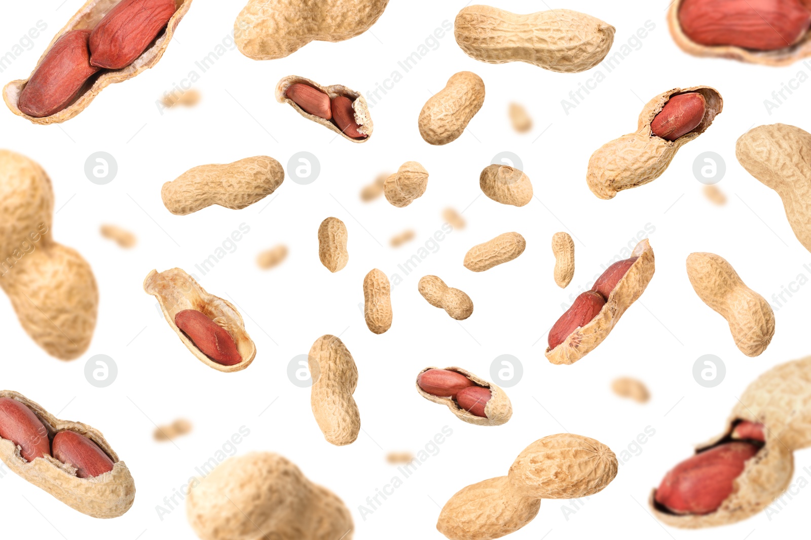 Image of Unpeeled peanuts in air on white background