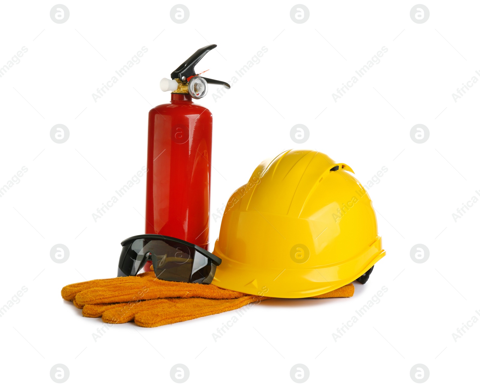 Photo of Composition with construction tools and fire extinguisher on white background