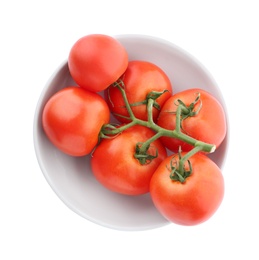 Branch of fresh ripe tomatoes in bowl on white background, top view