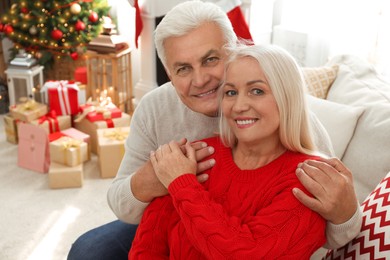 Happy mature couple at home. Christmas celebration