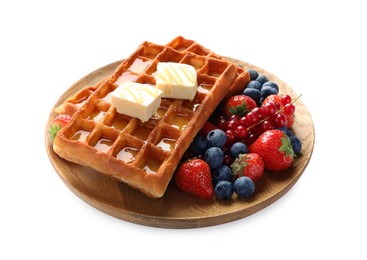 Photo of Plate of delicious Belgian waffles with honey, berries and butter isolated on white