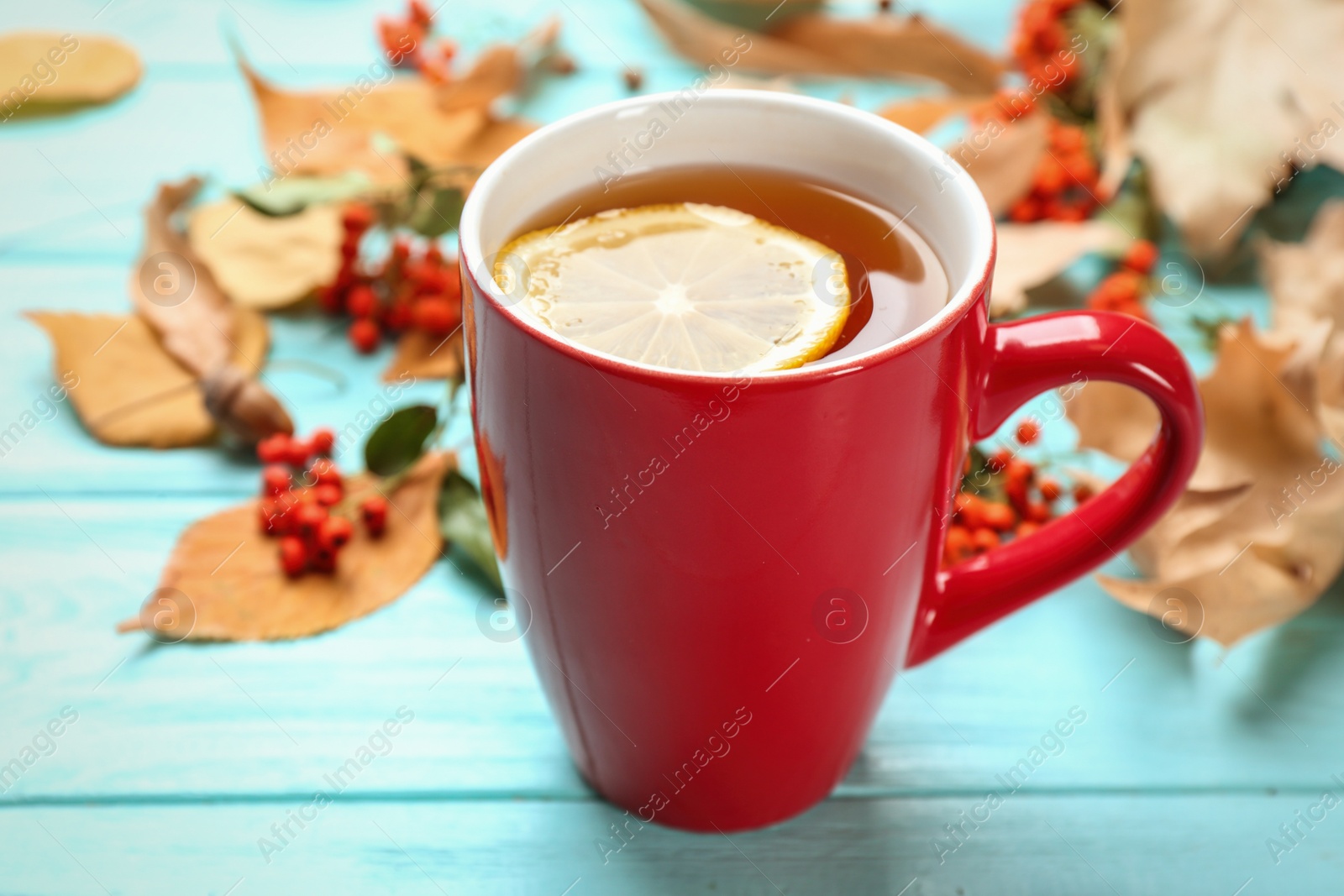 Photo of Cup of hot drink and leaves on blue wooden table. Cozy autumn atmosphere