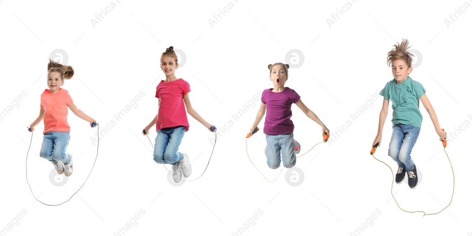 Image of Cute happy children with jumping ropes on white background, collage. Banner design