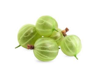 Photo of Pile of fresh ripe gooseberries on white background