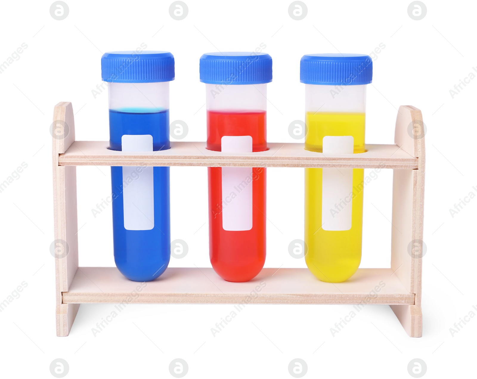 Photo of Test tubes with colorful liquids in wooden stand isolated on white. Kids chemical experiment set