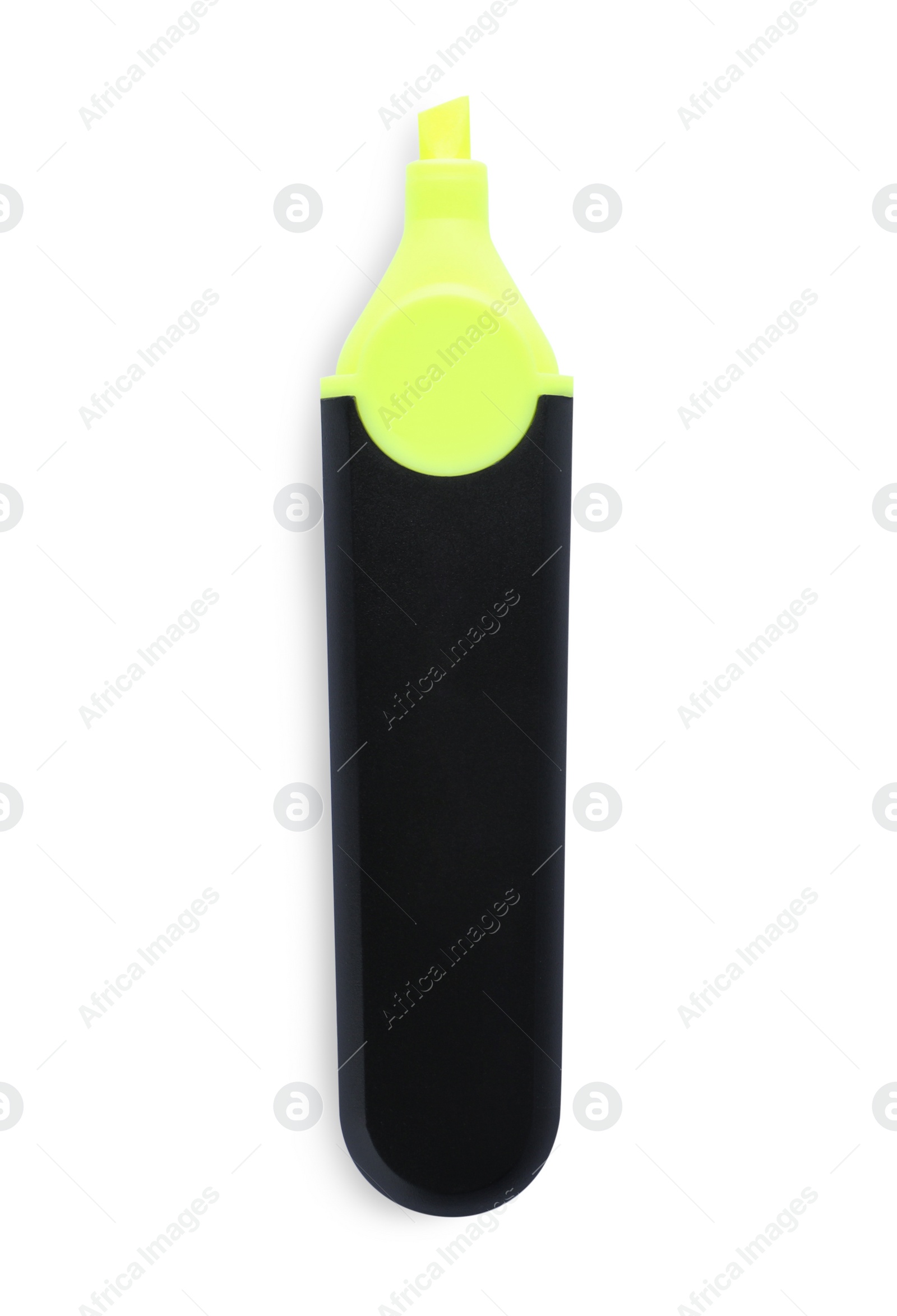 Photo of Bright color highlighter pen isolated on white, top view. School stationery