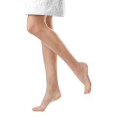 Photo of Woman with beautiful legs on white background, closeup. Spa treatment