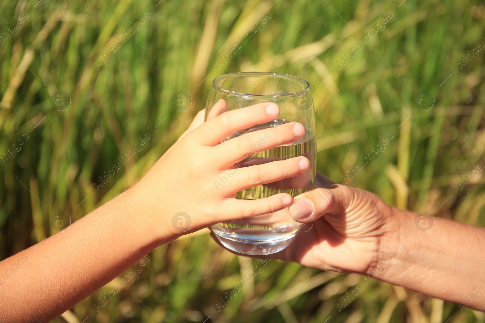 Photo of Child giving glass of water to elderly woman outdoors on sunny day, closeup