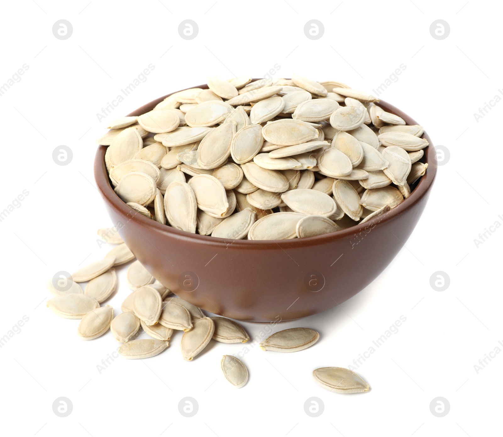 Photo of Raw pumpkin seeds in bowl on white background