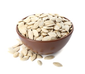 Photo of Raw pumpkin seeds in bowl on white background