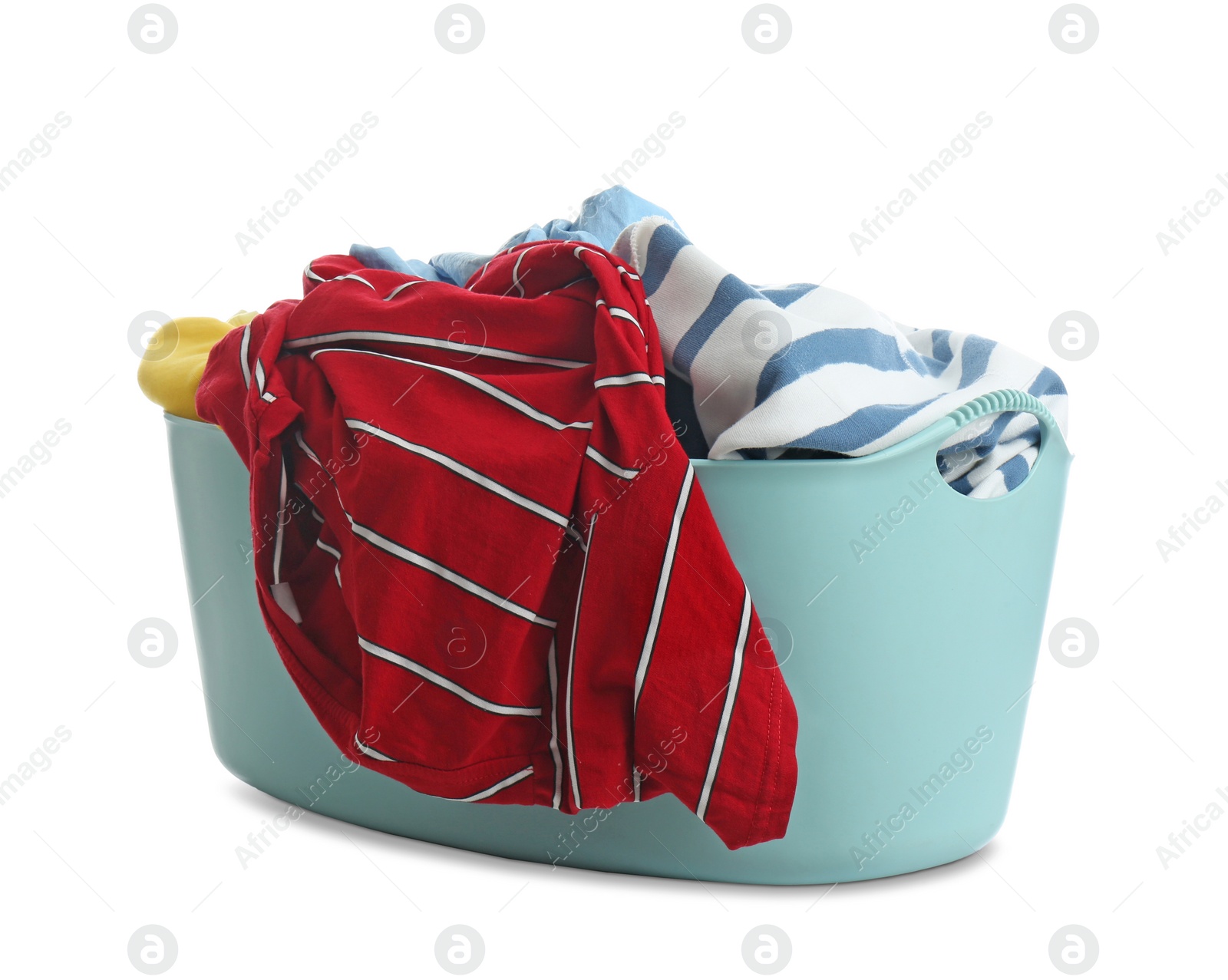 Photo of Laundry basket with clothes isolated on white