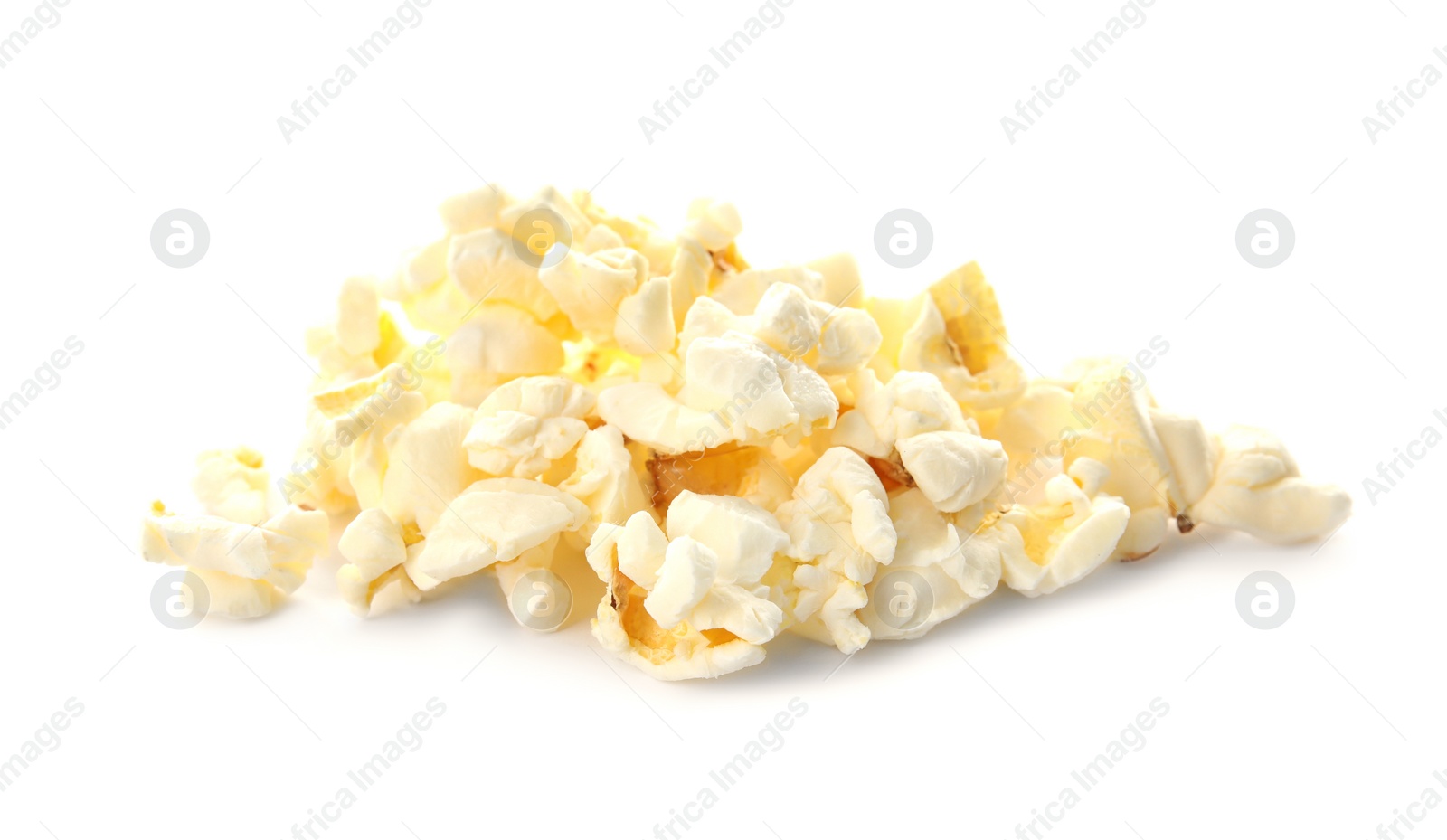 Photo of Pile of delicious fresh popcorn on white background