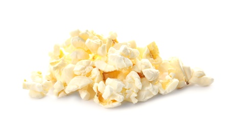 Photo of Pile of delicious fresh popcorn on white background