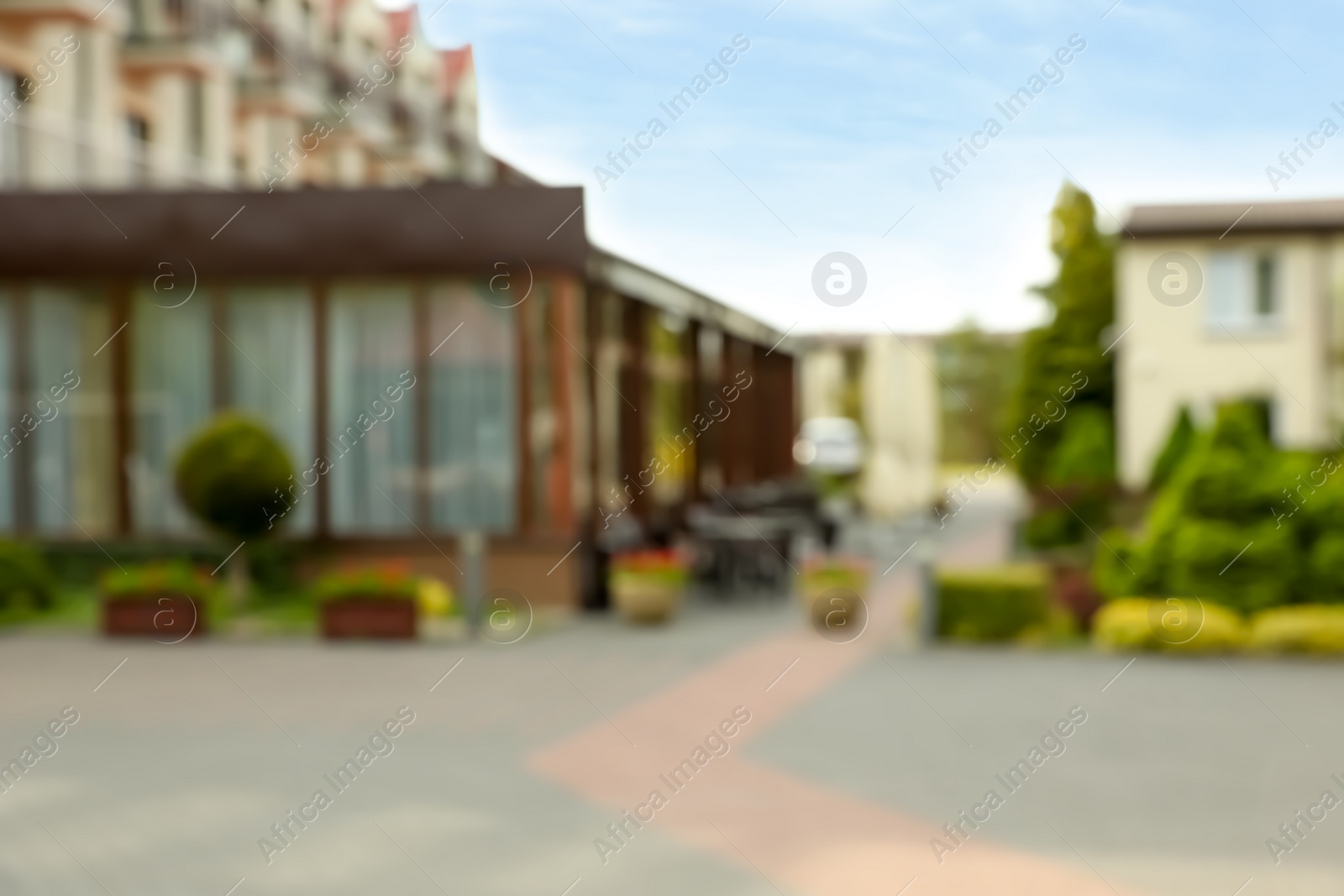 Photo of Blurred view of city street with buildings and beautiful green plants