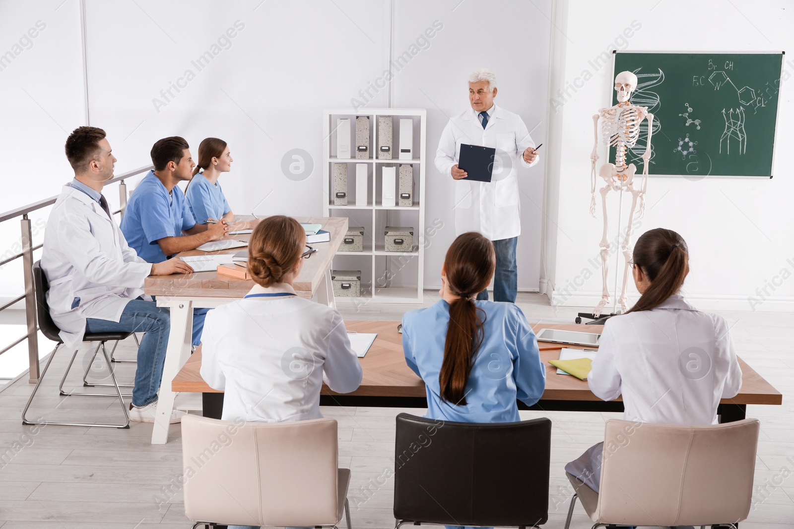 Photo of Medical students and professor studying human skeleton anatomy in classroom