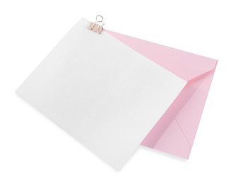 Photo of Blank card and letter envelope isolated on white, top view