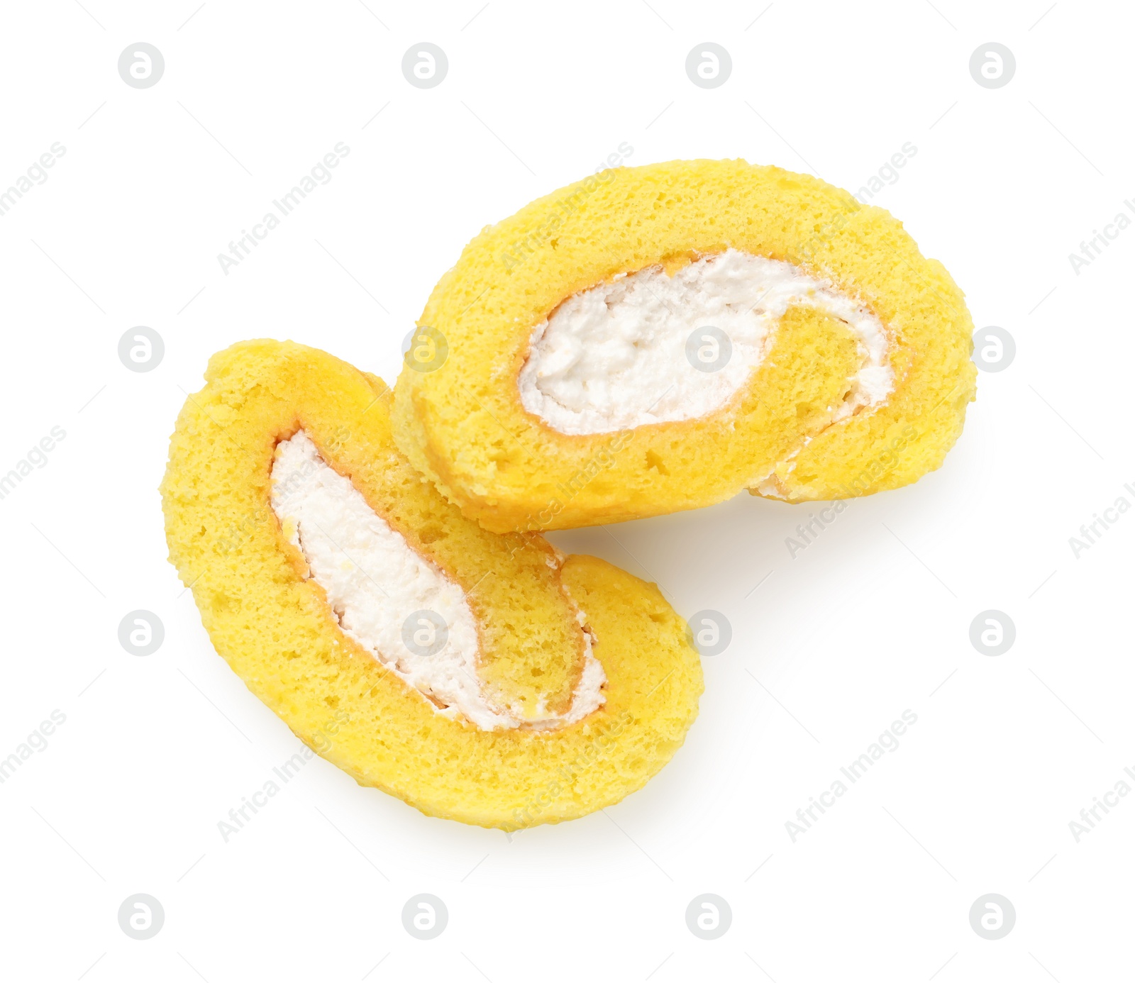 Photo of Delicious cake roll with cream filling isolated on white, top view