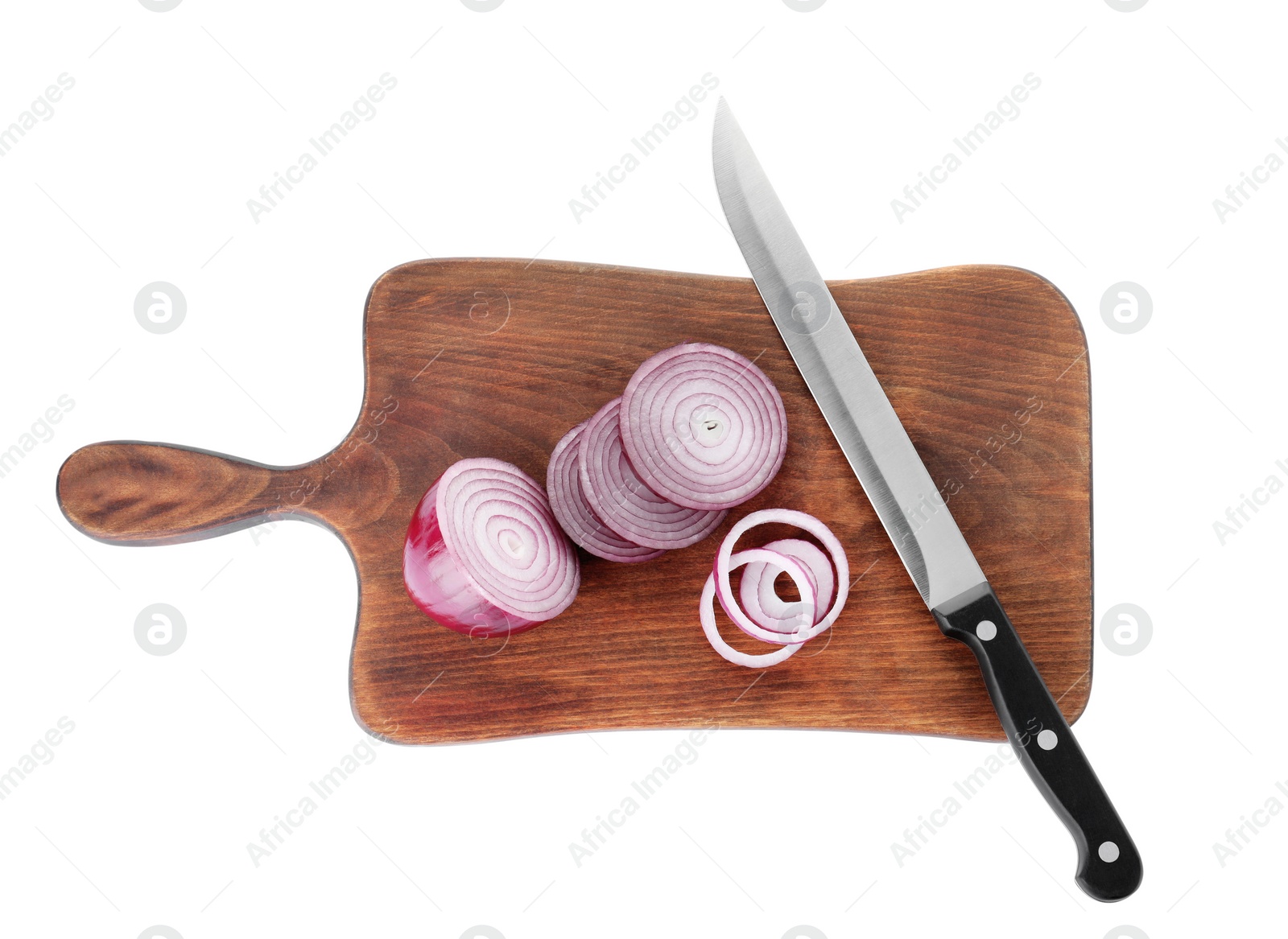 Photo of Wooden board with cut onion and slicing knife isolated on white, top view