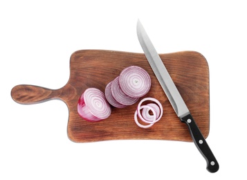 Wooden board with cut onion and slicing knife isolated on white, top view