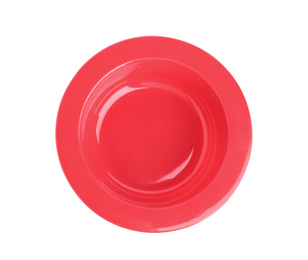 Photo of Red plastic bowl isolated on white, top view. Serving baby food