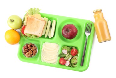 Serving tray of healthy food isolated on white, top view. School lunch