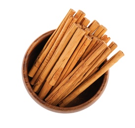 Aromatic dry cinnamon sticks in bowl on white background, top view