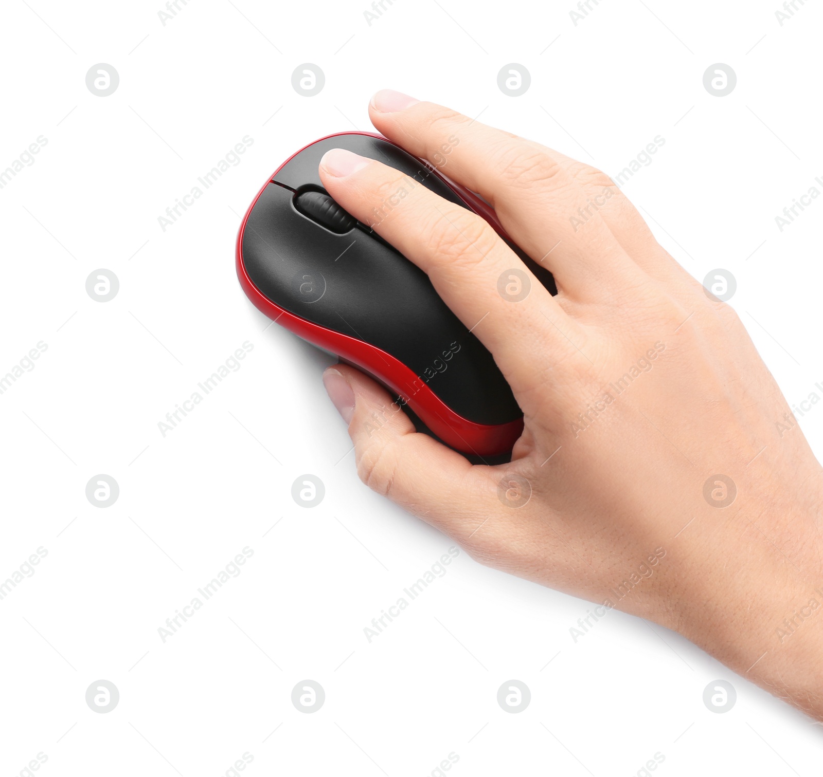 Photo of Woman using computer mouse on white background, top view. Space for text