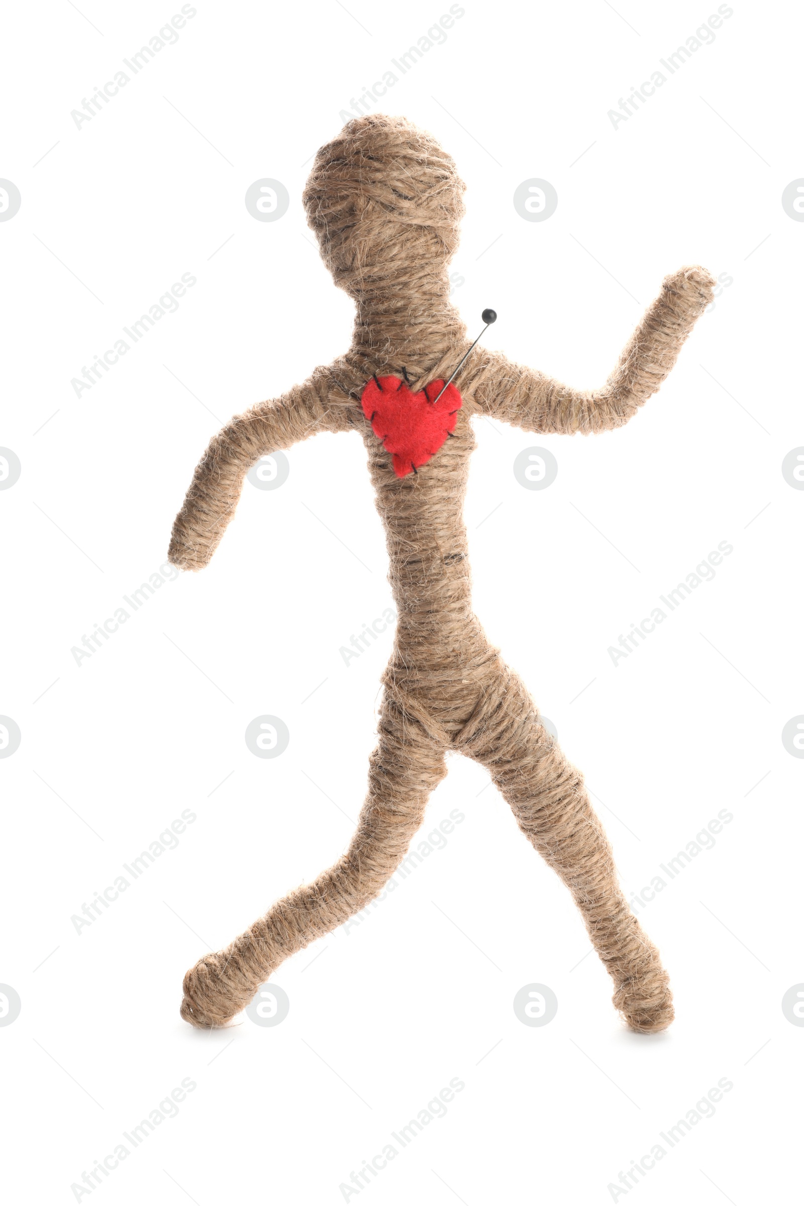 Photo of Voodoo doll with pin in heart isolated on white