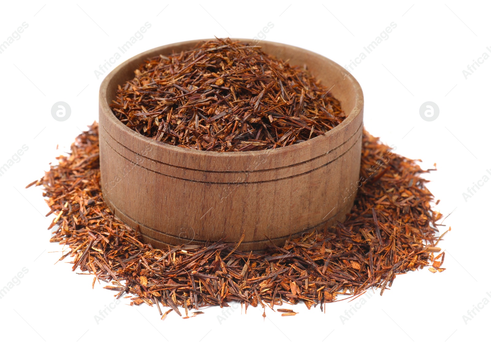 Photo of Rooibos tea in bowl isolated on white