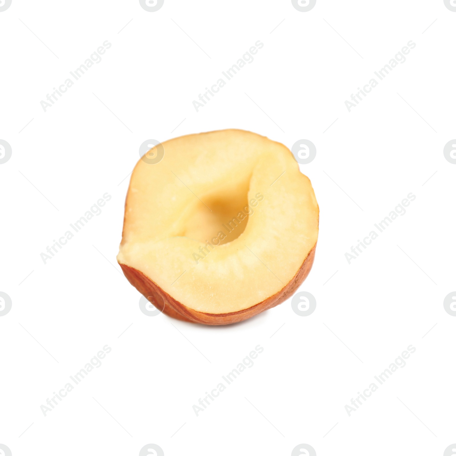 Photo of Half of tasty organic hazelnut on white background