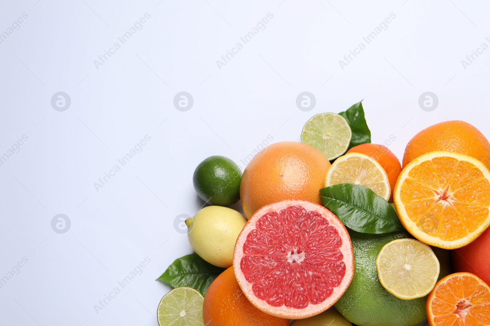 Photo of Different citrus fruits with fresh leaves on white background, top view. Space for text