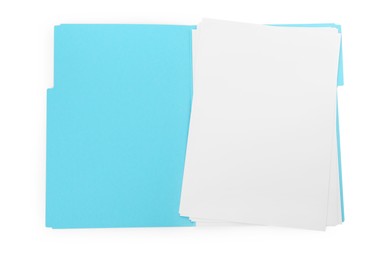 Photo of Light blue file with blank sheets of paper isolated on white, top view. Space for design