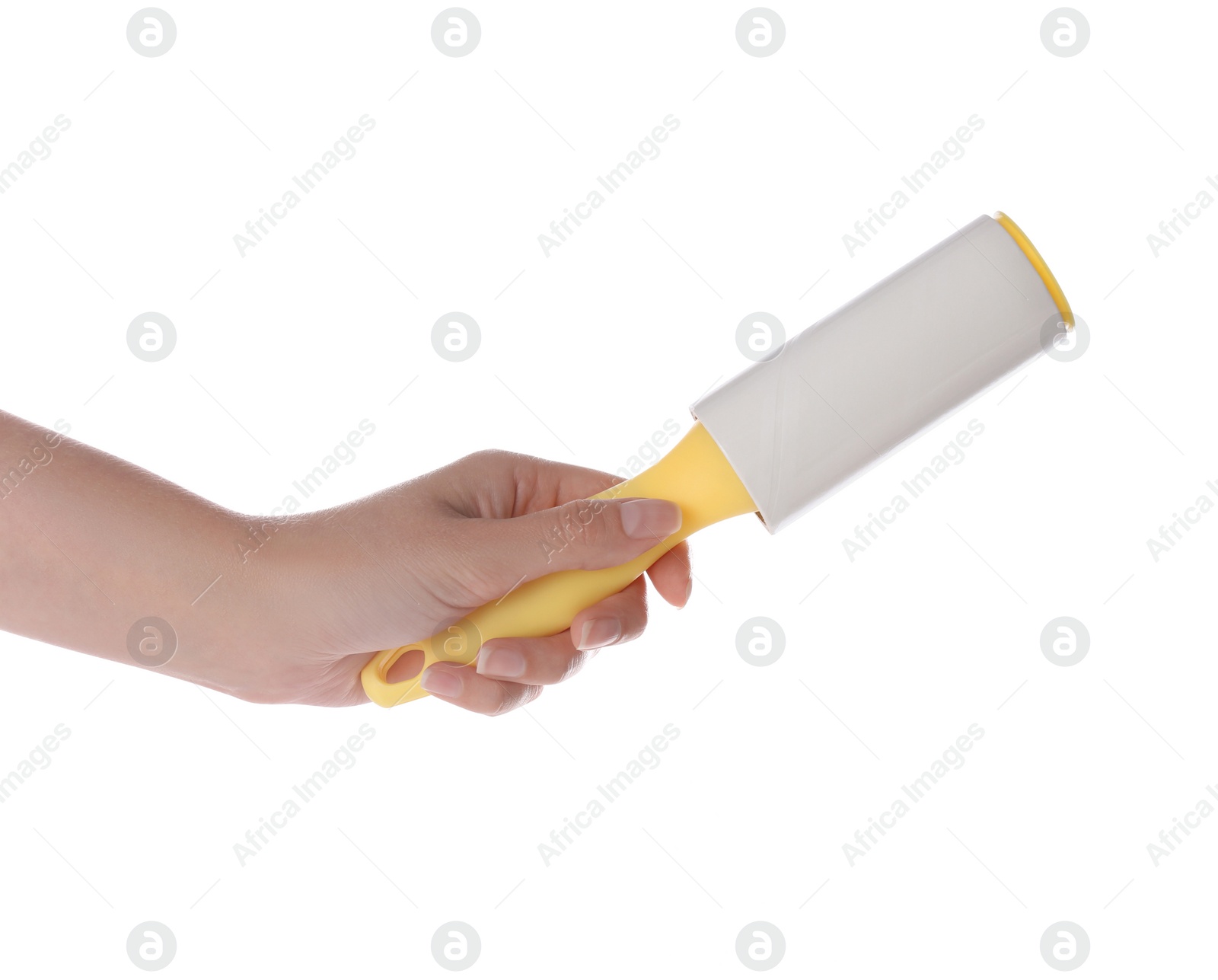 Photo of Woman holding lint roller on white background, closeup