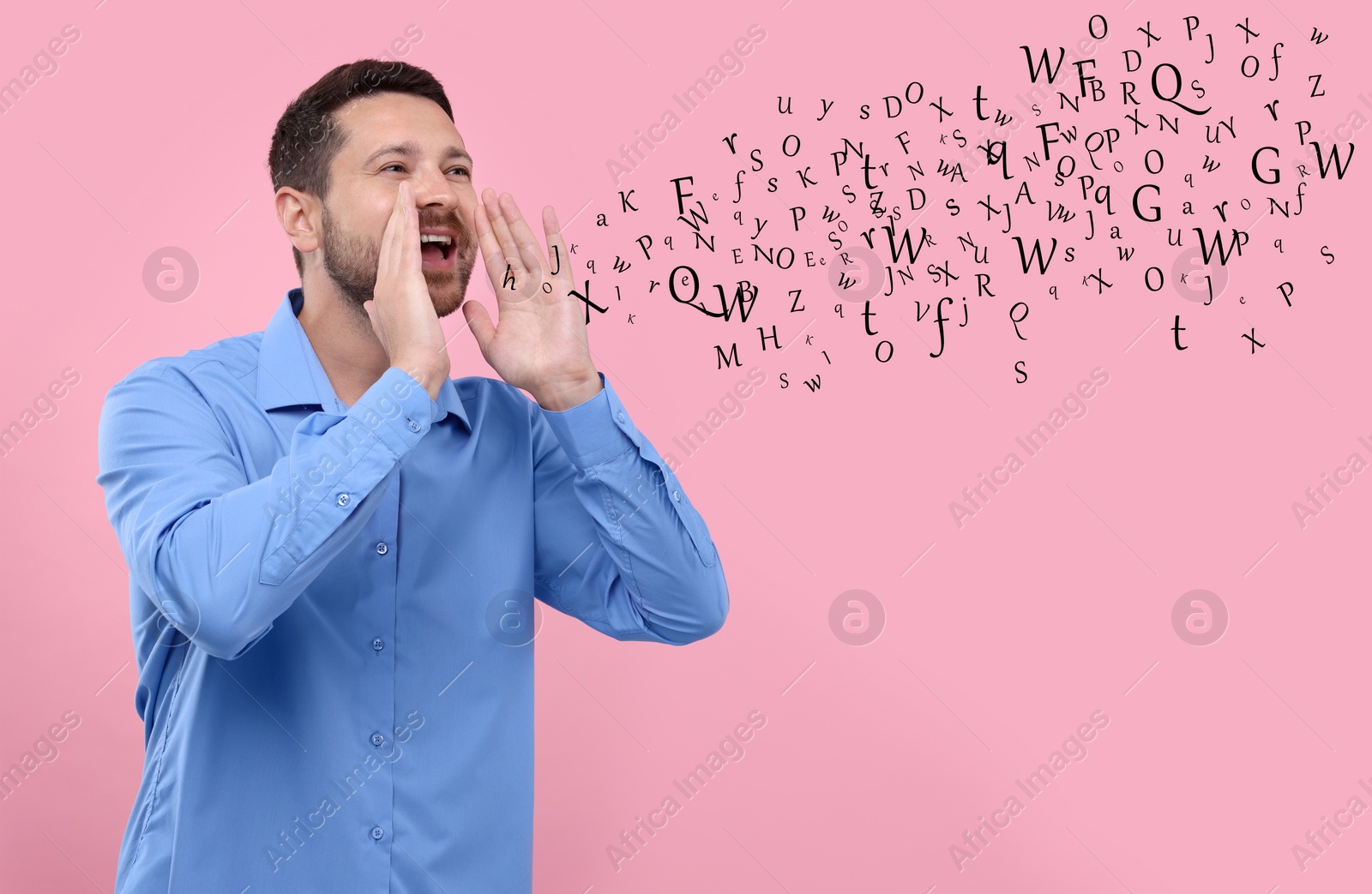 Image of Man shouting something on pink background. Letters flying out of his mouth