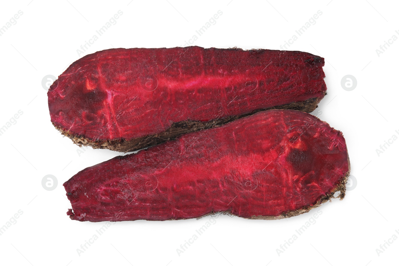 Photo of Cut red beets isolated on white, top view