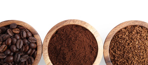 Photo of Bowls of beans, instant and ground coffee on white background, top view