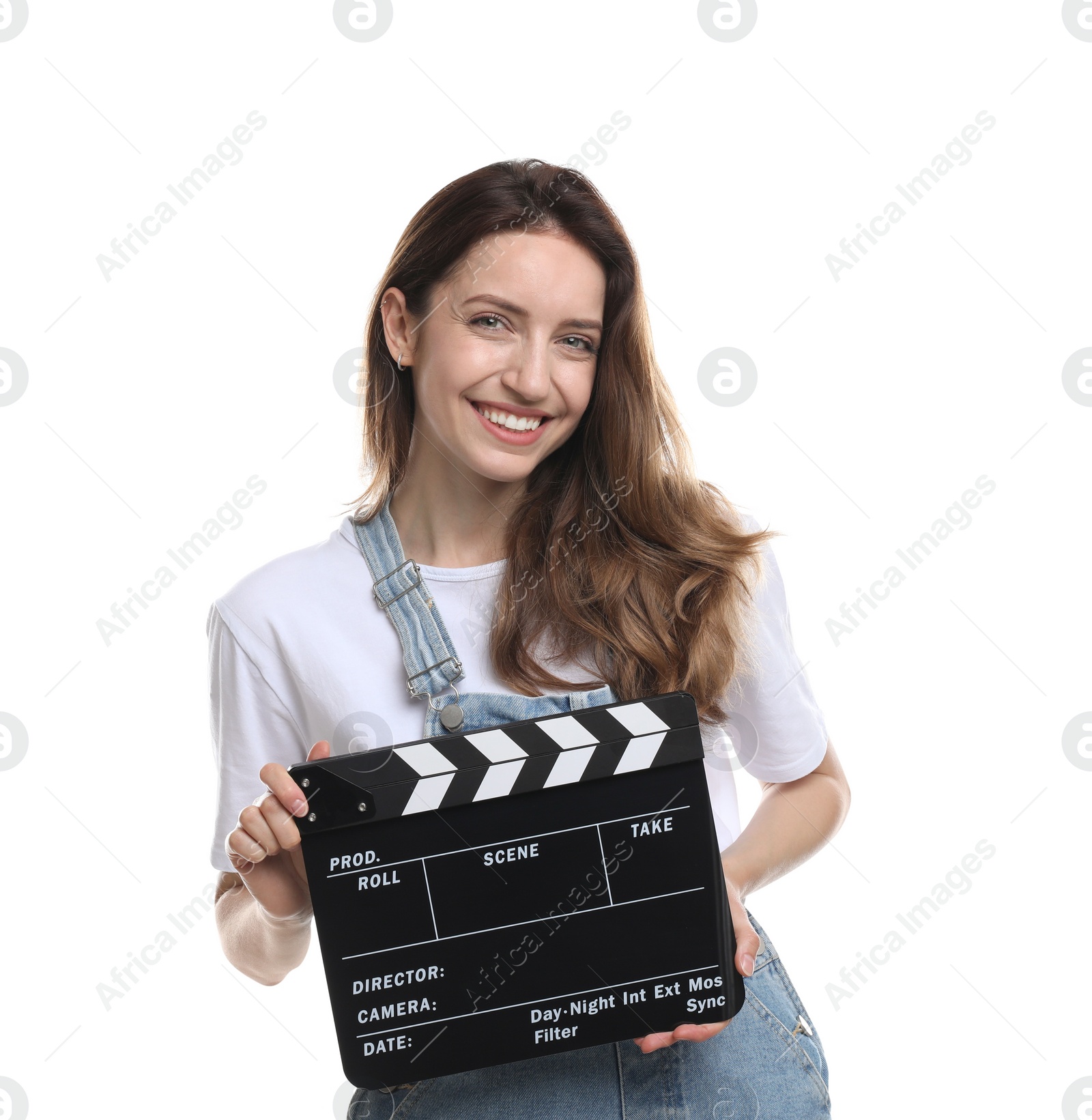 Photo of Making movie. Smiling woman with clapperboard on white background