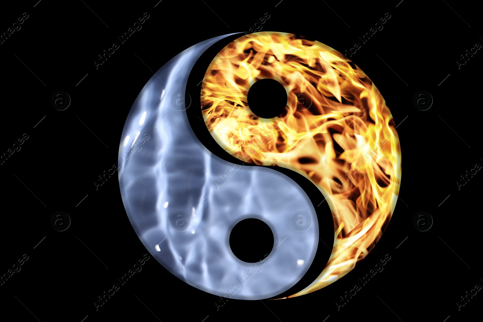 Image of Fire and water resembling Yin Yang symbol on black background. Feng Shui philosophy