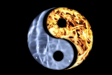 Fire and water resembling Yin Yang symbol on black background. Feng Shui philosophy